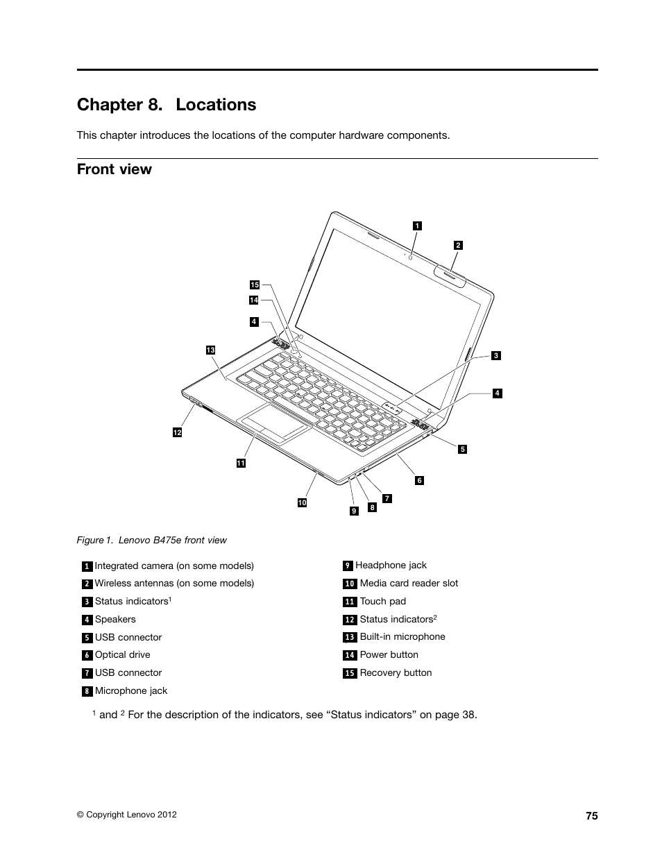 Chapter 8. locations, Front view | Lenovo B475e Notebook User Manual | Page 81 / 100