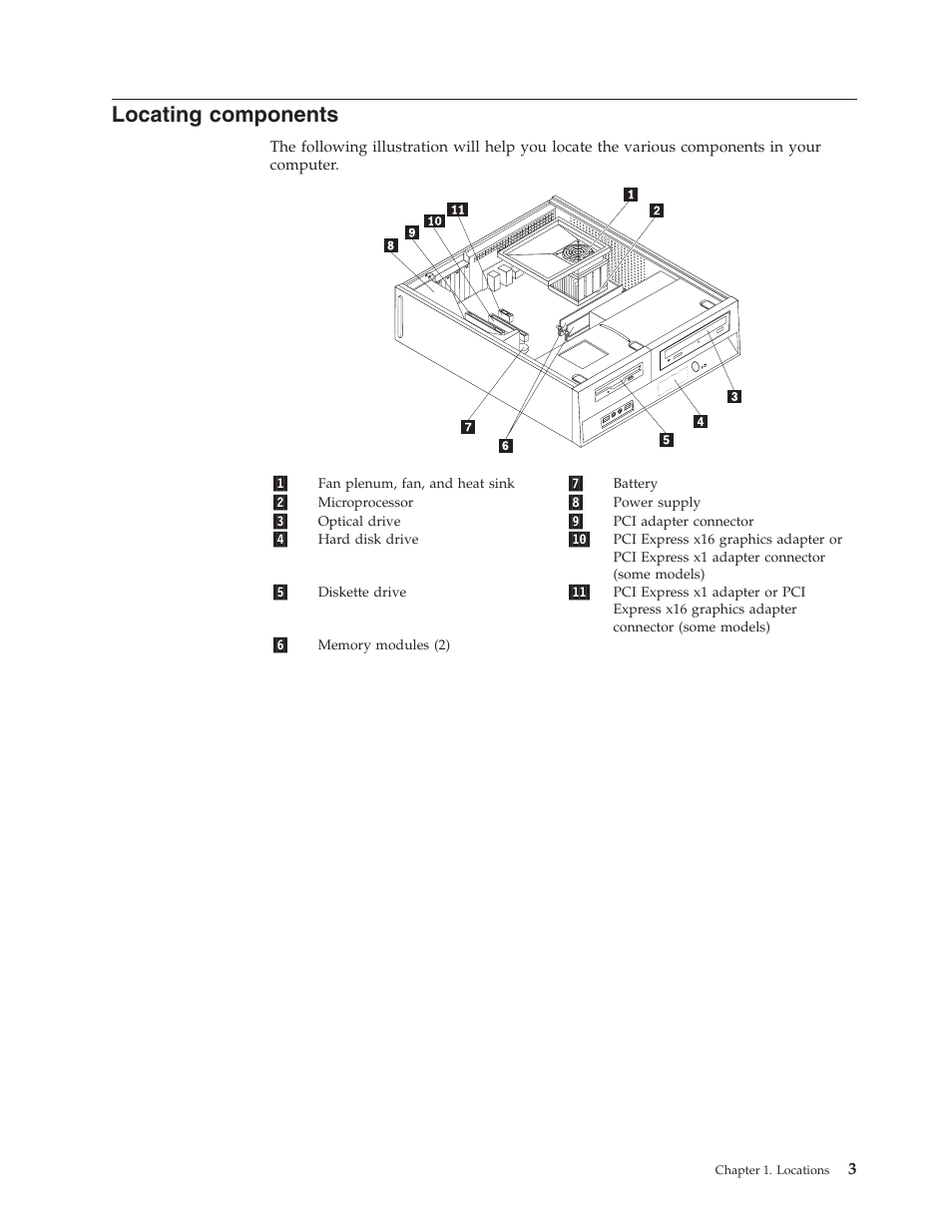 Locating components, Locating, Components | Lenovo ThinkCentre M55e User Manual | Page 11 / 36