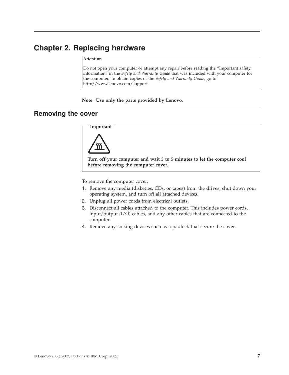 Chapter 2. replacing hardware, Removing the cover, Chapter | Replacing, Hardware, Removing, Cover | Lenovo ThinkCentre M55e User Manual | Page 15 / 36