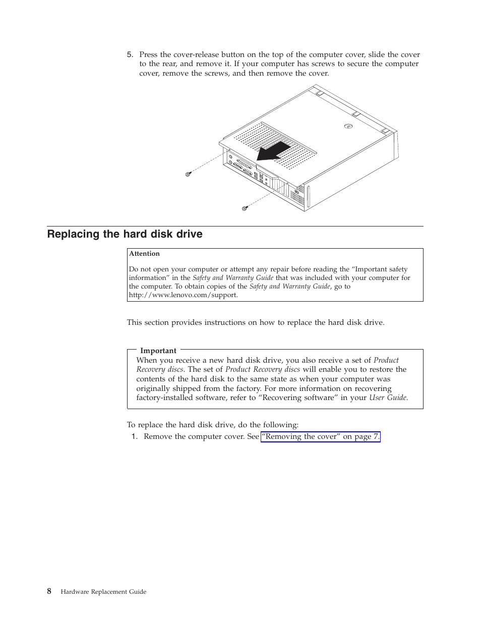Replacing the hard disk drive, Replacing, Hard | Disk, Drive | Lenovo ThinkCentre M55e User Manual | Page 16 / 36