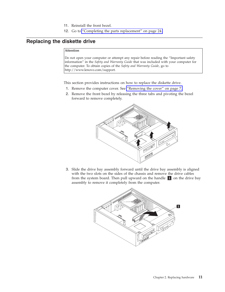 Replacing the diskette drive, Replacing, Diskette | Drive | Lenovo ThinkCentre M55e User Manual | Page 19 / 36