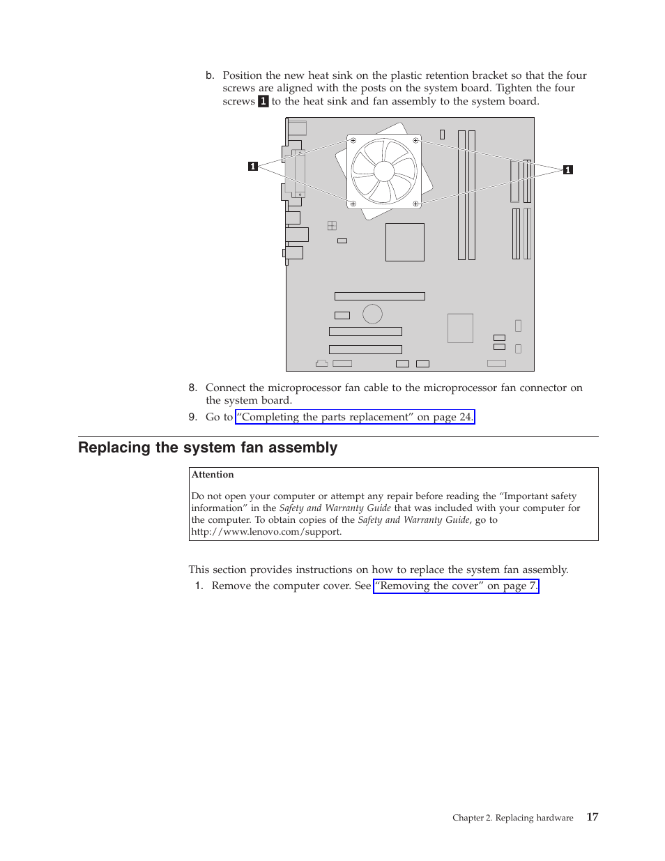 Replacing the system fan assembly, Replacing, System | Assembly | Lenovo ThinkCentre M55e User Manual | Page 25 / 36