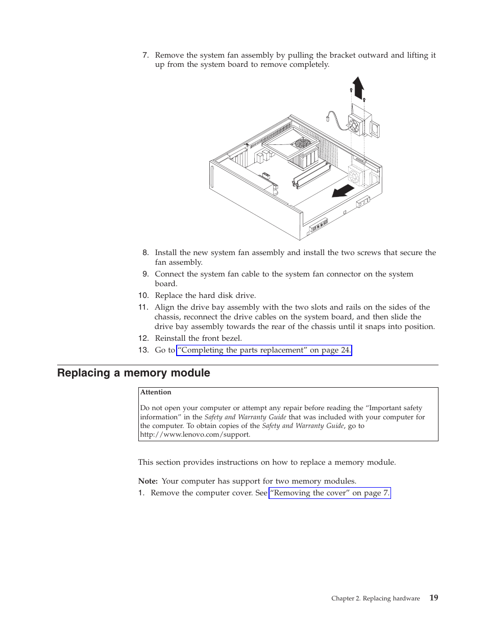 Replacing a memory module, Replacing, Memory | Module | Lenovo ThinkCentre M55e User Manual | Page 27 / 36