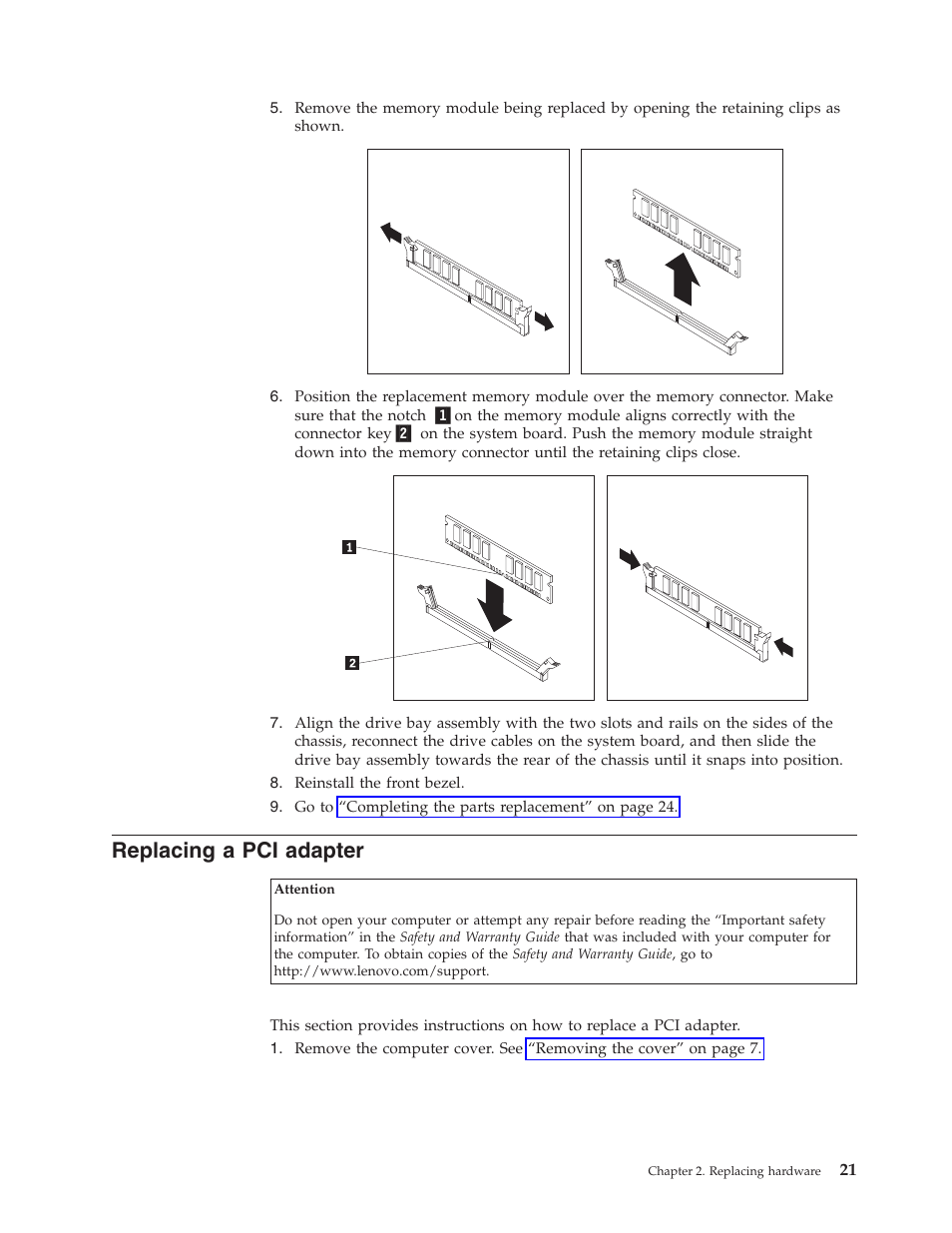 Replacing a pci adapter, Replacing, Adapter | Lenovo ThinkCentre M55e User Manual | Page 29 / 36