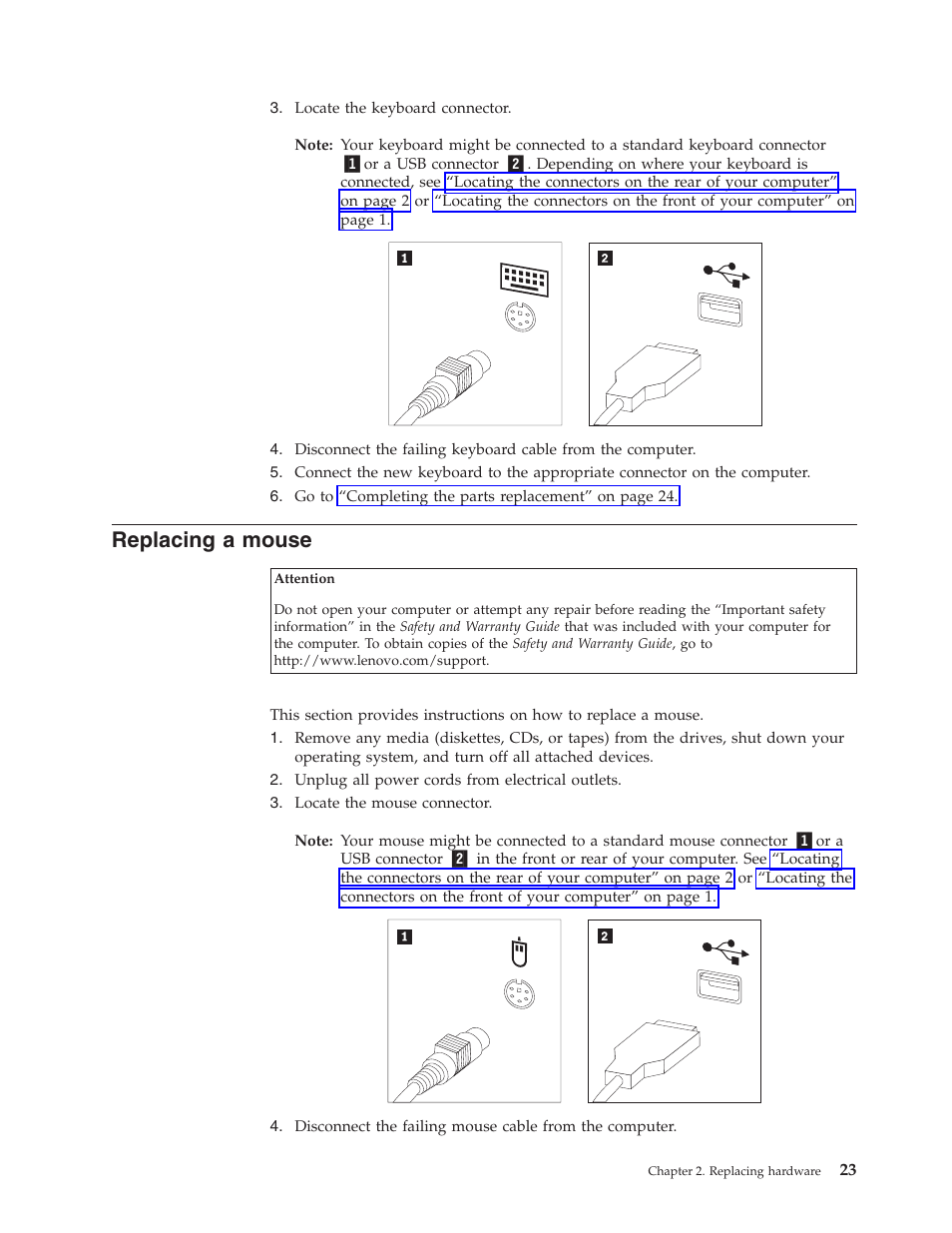 Replacing a mouse, Replacing, Mouse | Lenovo ThinkCentre M55e User Manual | Page 31 / 36