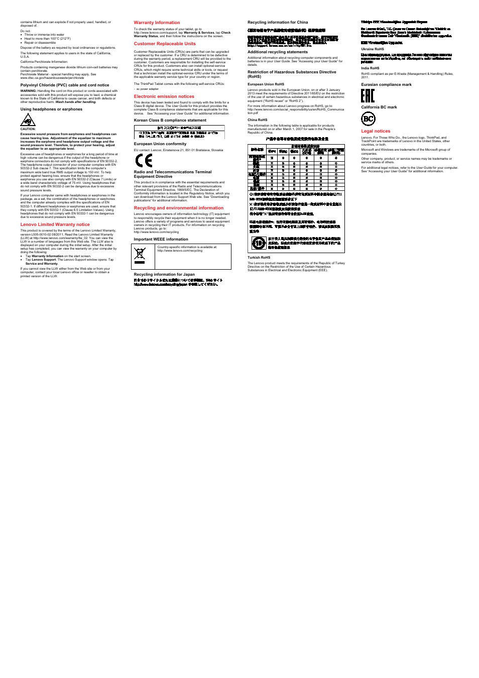 Polyvinyl chloride (pvc) cable and cord notice, Using headphones or earphones, Lenovo limited warranty notice | Warranty information, Customer replaceable units, Electronic emission notices, Korean class b compliance statement, European union conformity, Recycling and environmental information, Important weee information | Lenovo ThinkPad 8 User Manual | Page 2 / 2