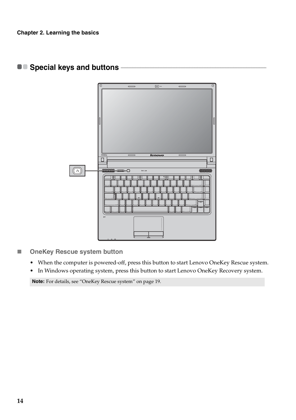 Special keys and buttons | Lenovo B460e Notebook User Manual | Page 18 / 42