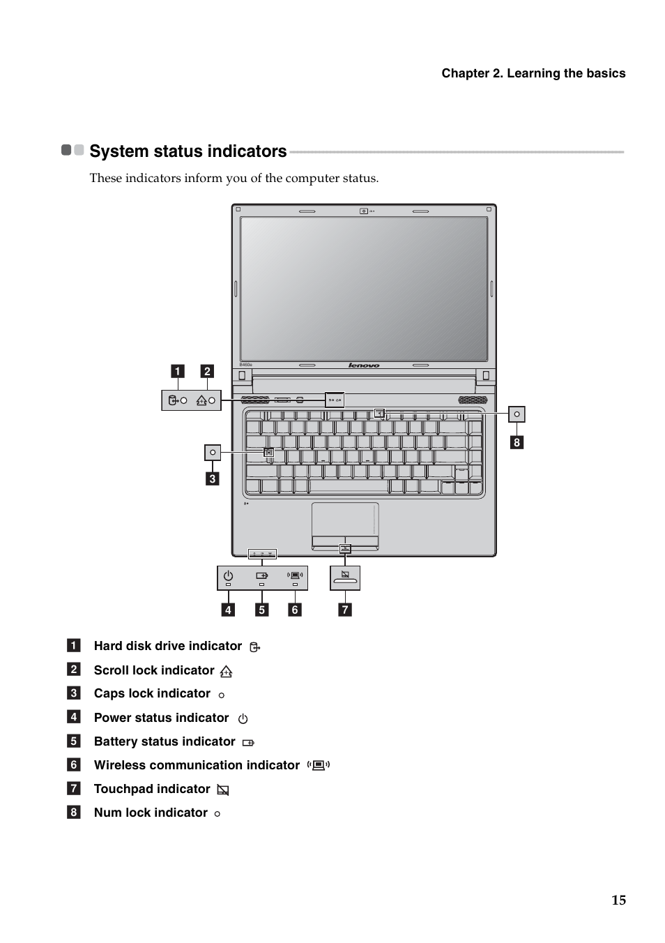 System status indicators | Lenovo B460e Notebook User Manual | Page 19 / 42