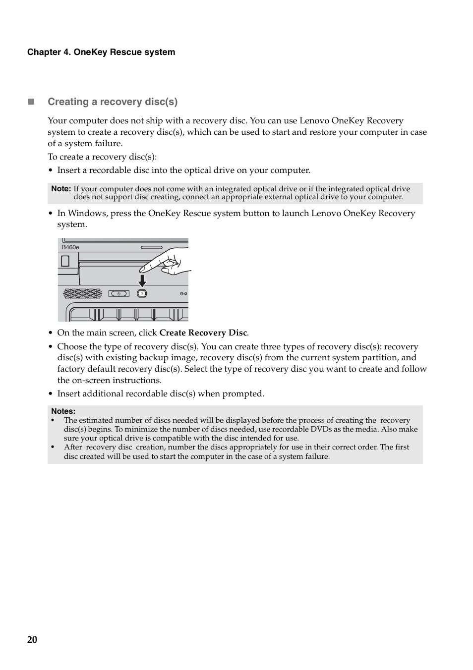 Creating a recovery disc(s) | Lenovo B460e Notebook User Manual | Page 24 / 42