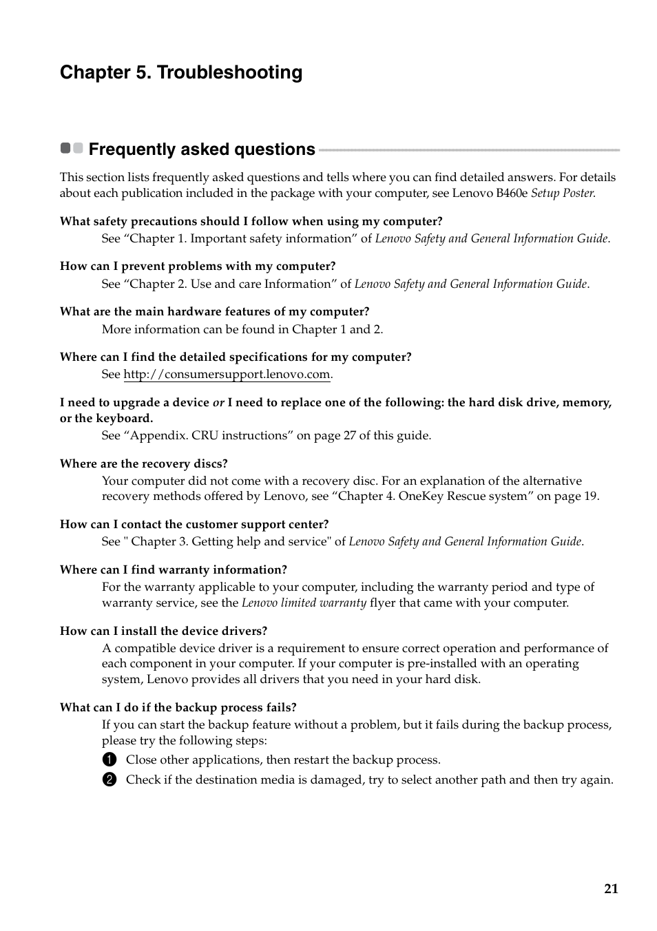 Chapter 5. troubleshooting, Frequently asked questions | Lenovo B460e Notebook User Manual | Page 25 / 42