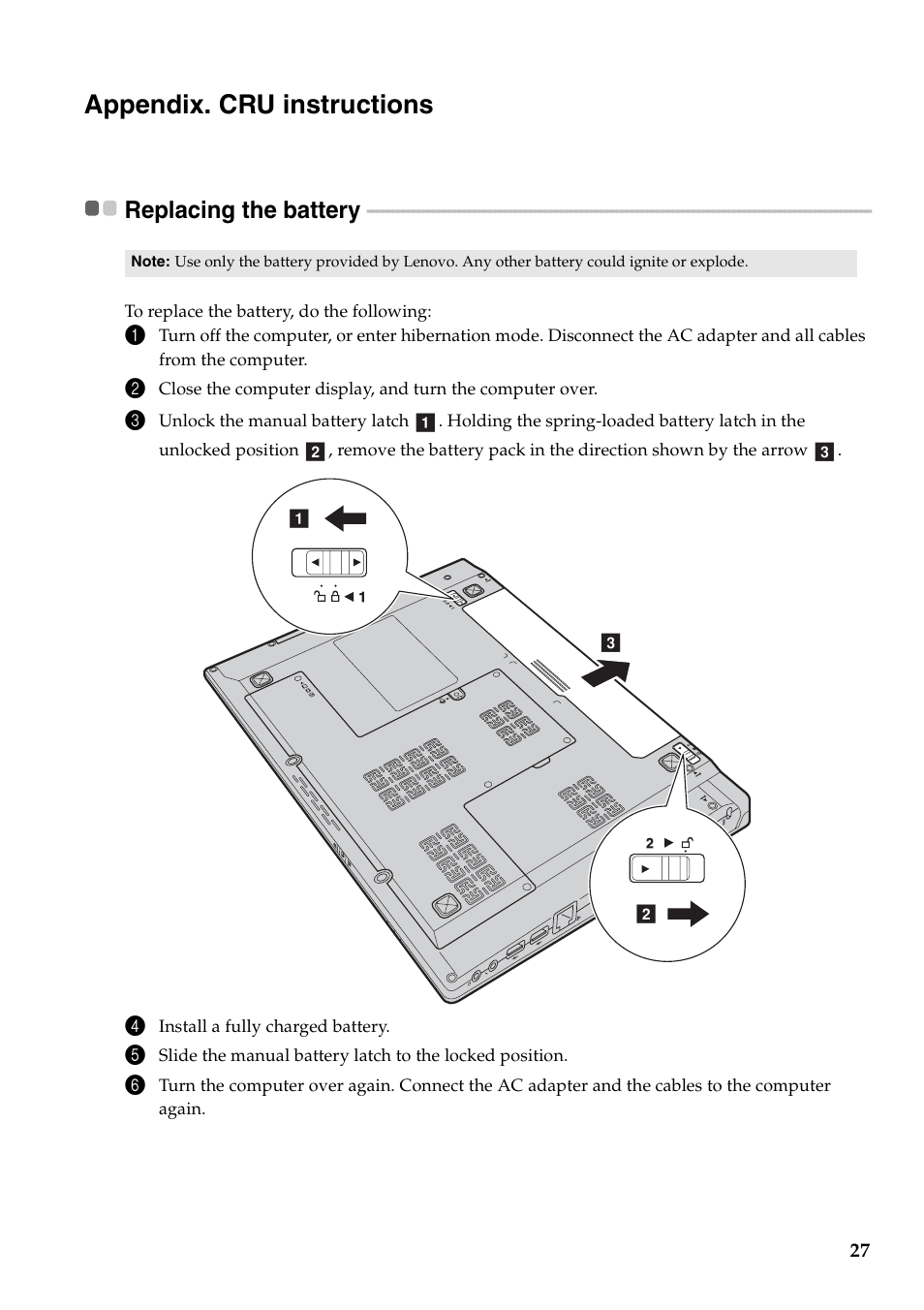 Appendix. cru instructions, Replacing the battery | Lenovo B460e Notebook User Manual | Page 31 / 42