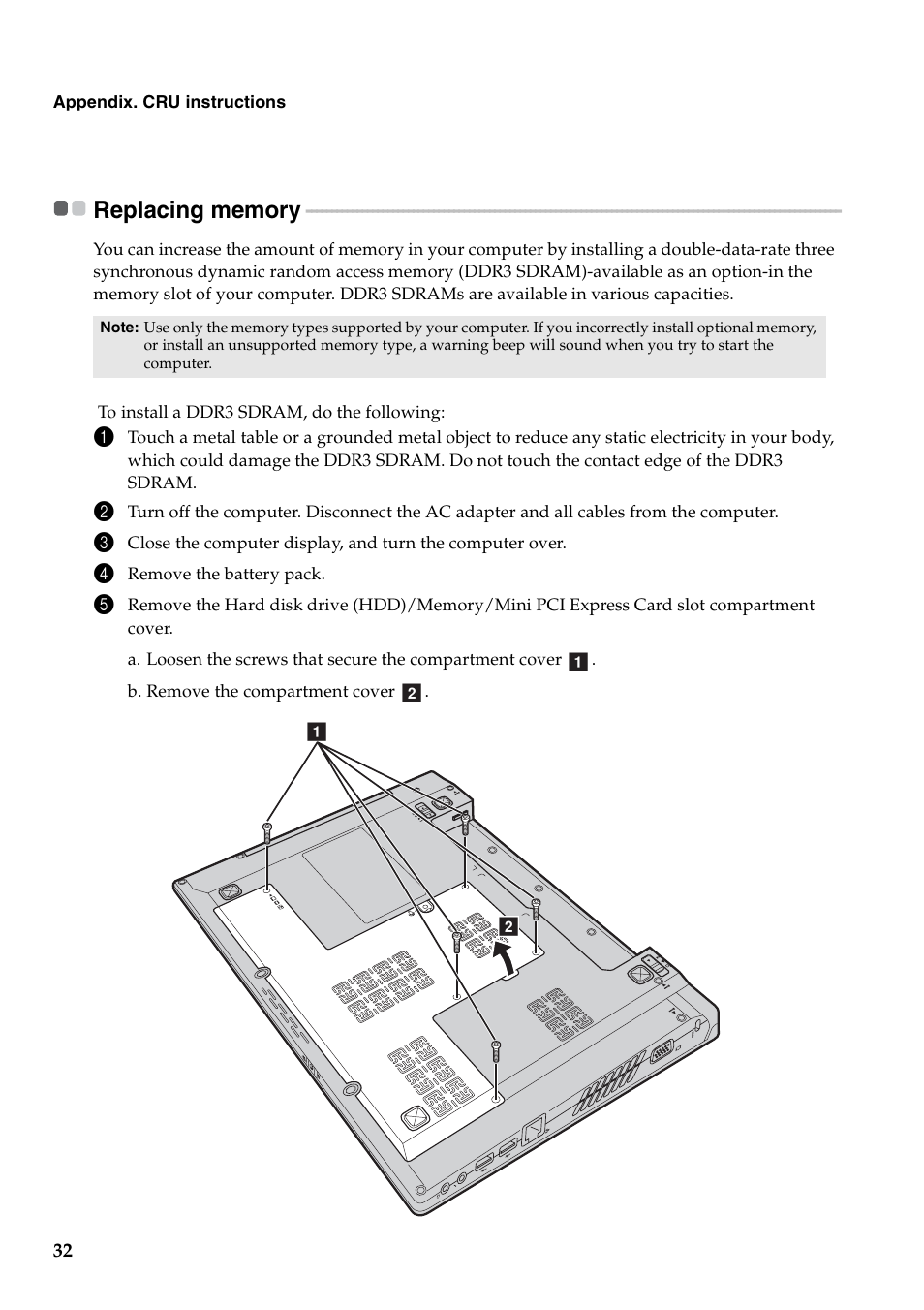 Replacing memory | Lenovo B460e Notebook User Manual | Page 36 / 42