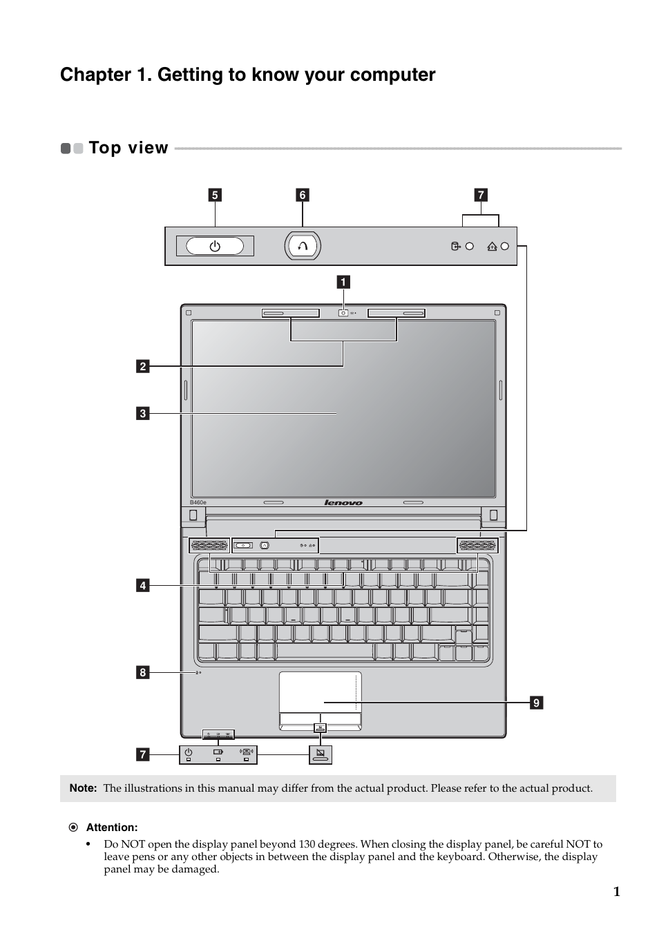 Chapter 1. getting to know your computer, Top view | Lenovo B460e Notebook User Manual | Page 5 / 42