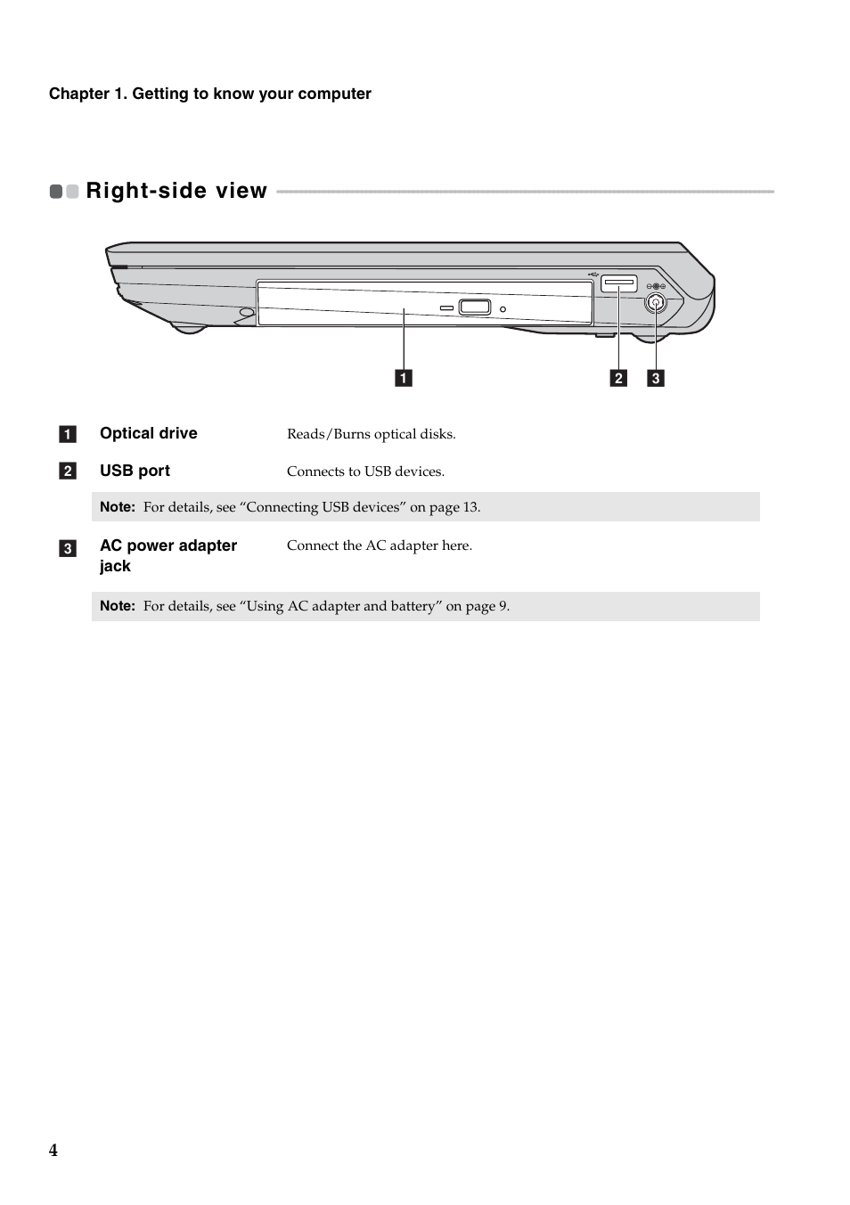 Right-side view | Lenovo B460e Notebook User Manual | Page 8 / 42