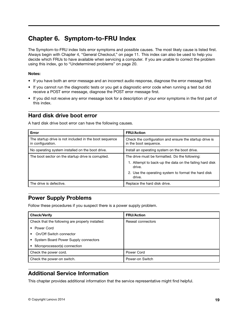 Chapter 6. symptom-to-fru index, Hard disk drive boot error, Power supply problems | Additional service information | Lenovo Erazer X310 Desktop User Manual | Page 25 / 51