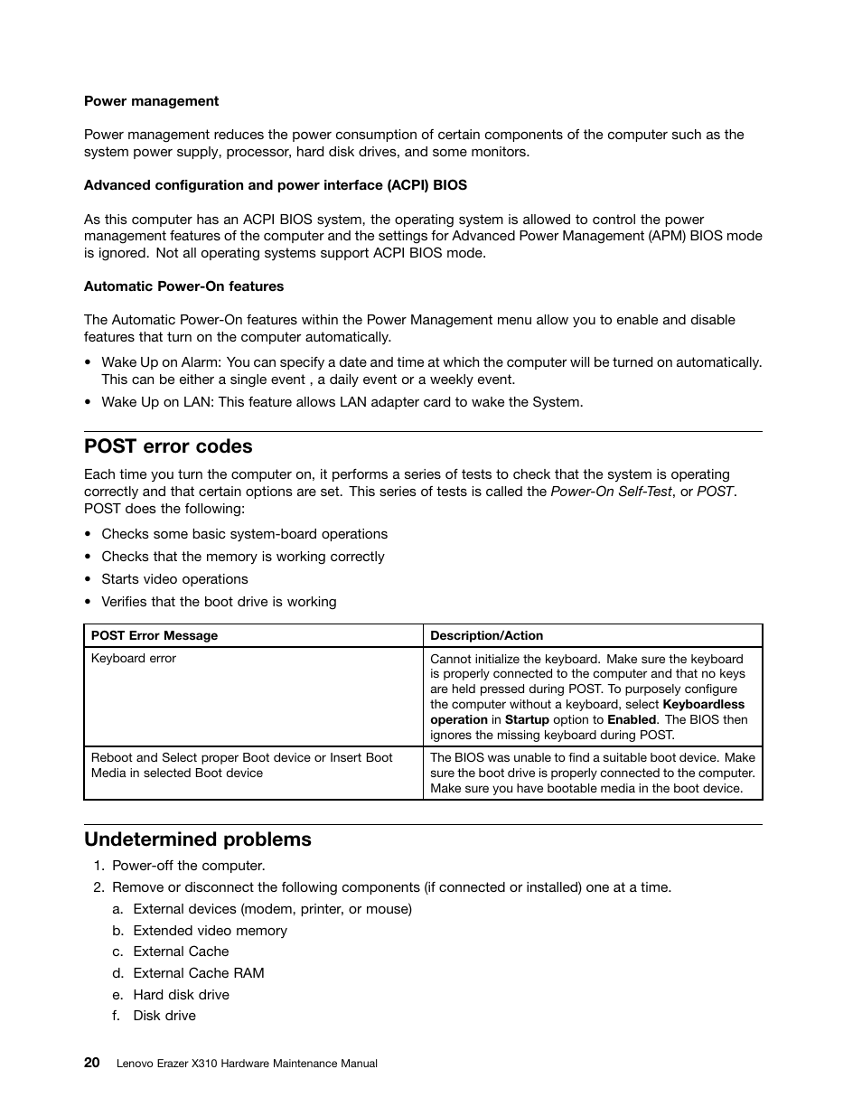 Post error codes, Undetermined problems | Lenovo Erazer X310 Desktop User Manual | Page 26 / 51