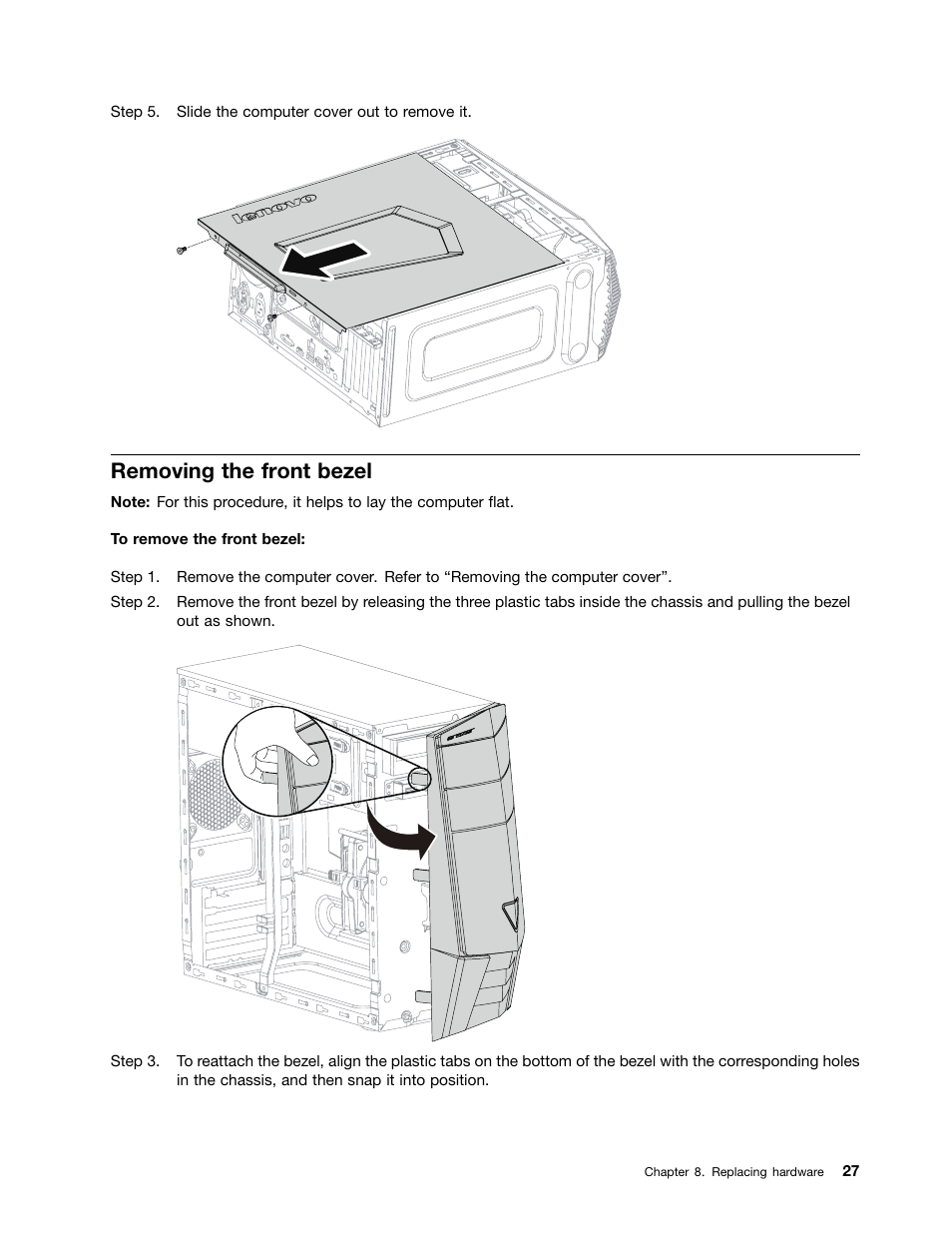 Removing the front bezel | Lenovo Erazer X310 Desktop User Manual | Page 33 / 51