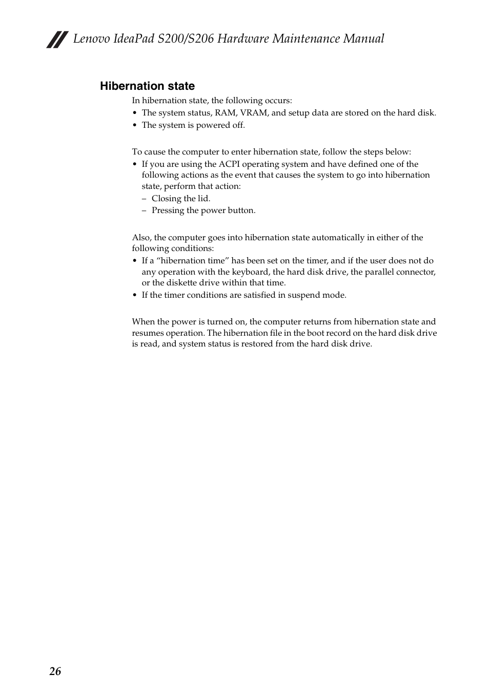 Hibernation state, 26 hibernation state | Lenovo IdeaPad S206 User Manual | Page 30 / 83