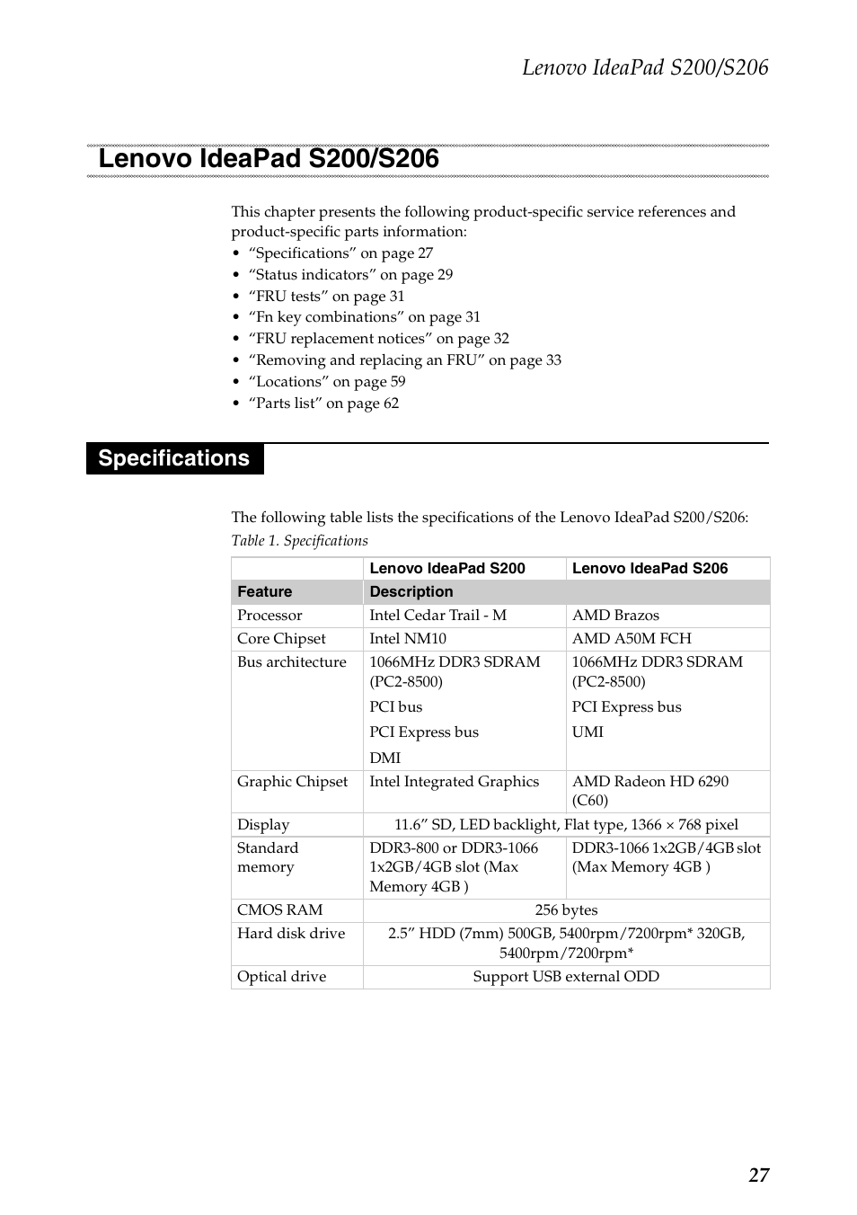 Lenovo ideapad s200/s206, Specifications, Lenovo ideapad s200/s206 specifications | Lenovo IdeaPad S206 User Manual | Page 31 / 83