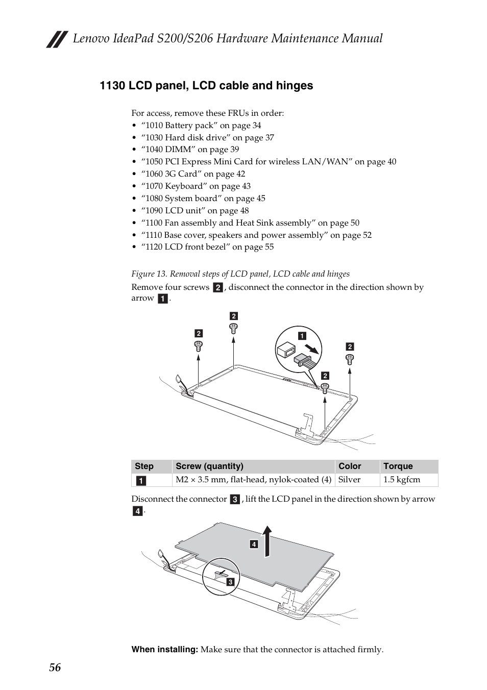 1130 lcd panel, lcd cable and hinges | Lenovo IdeaPad S206 User Manual | Page 60 / 83