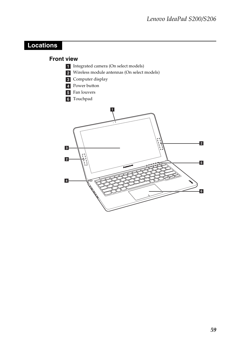 Locations, Front view, 59 front view | Lenovo IdeaPad S206 User Manual | Page 63 / 83