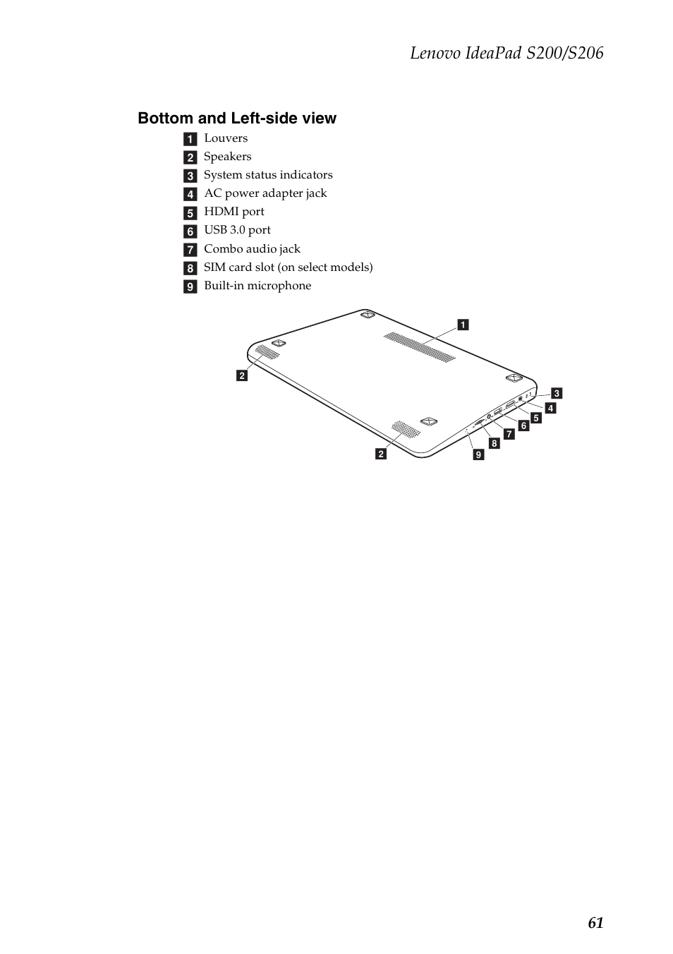 Bottom and left-side view, 61 bottom and left-side view | Lenovo IdeaPad S206 User Manual | Page 65 / 83