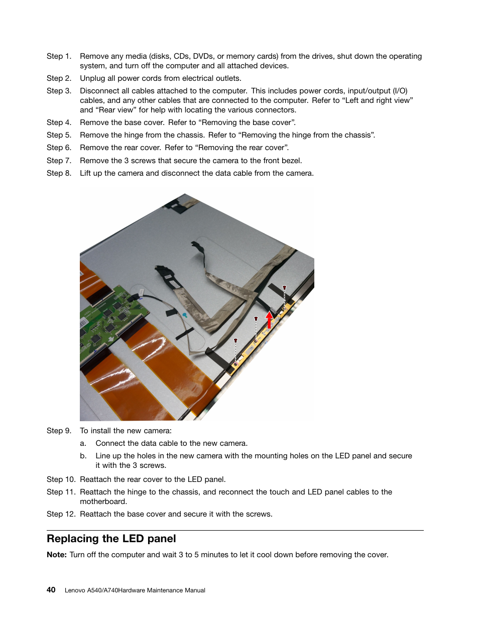 Replacing the led panel | Lenovo A540 All In One User Manual | Page 46 / 59
