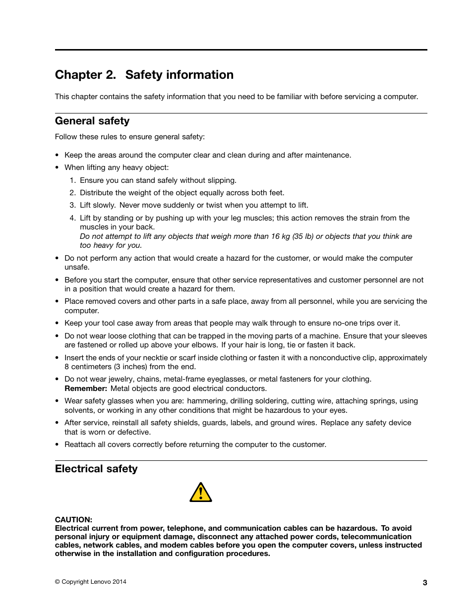 Chapter 2. safety information, General safety, Electrical safety | Lenovo A540 All In One User Manual | Page 9 / 59