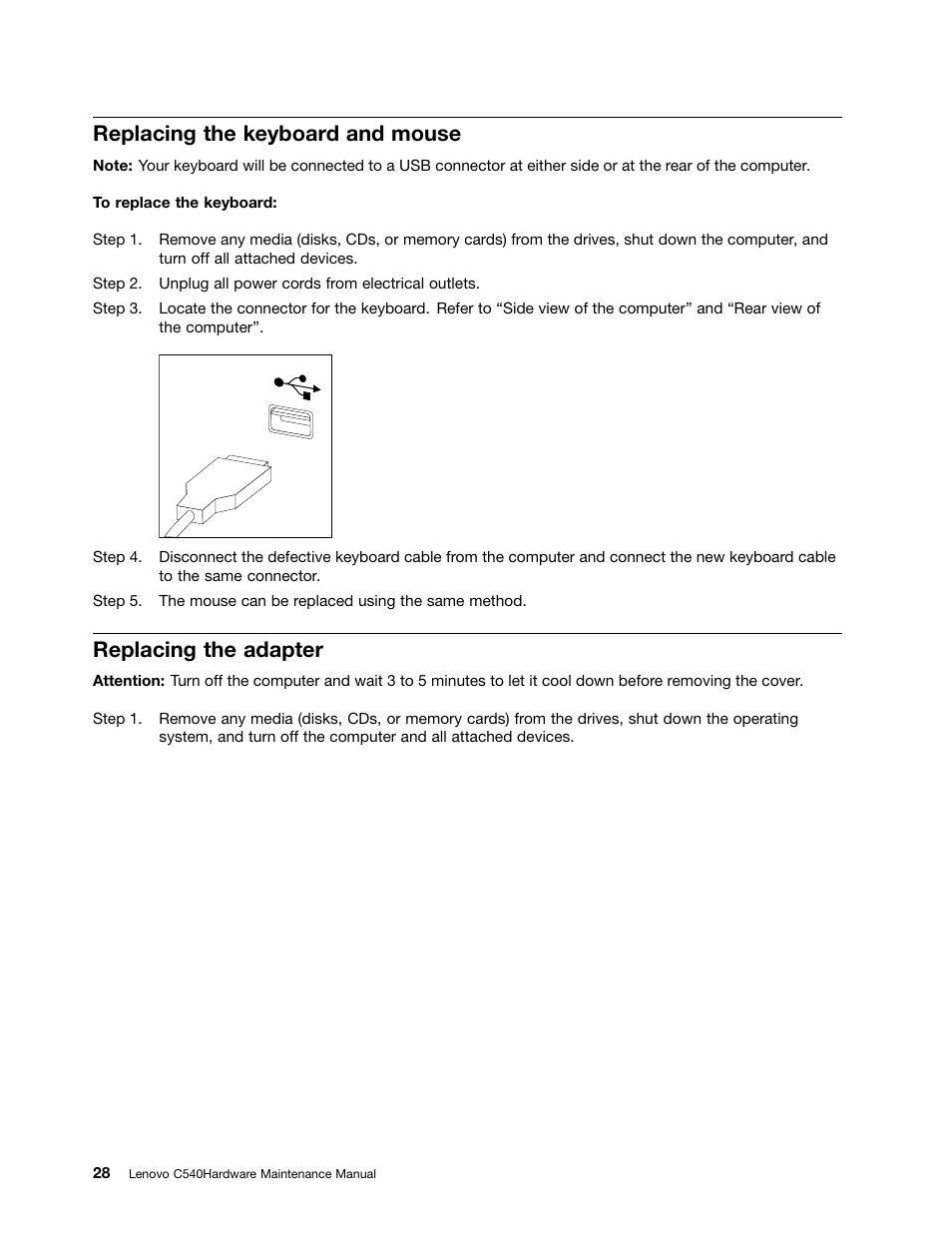 Replacing the keyboard and mouse, Replacing the adapter | Lenovo C540 Touch All-in-One User Manual | Page 34 / 77