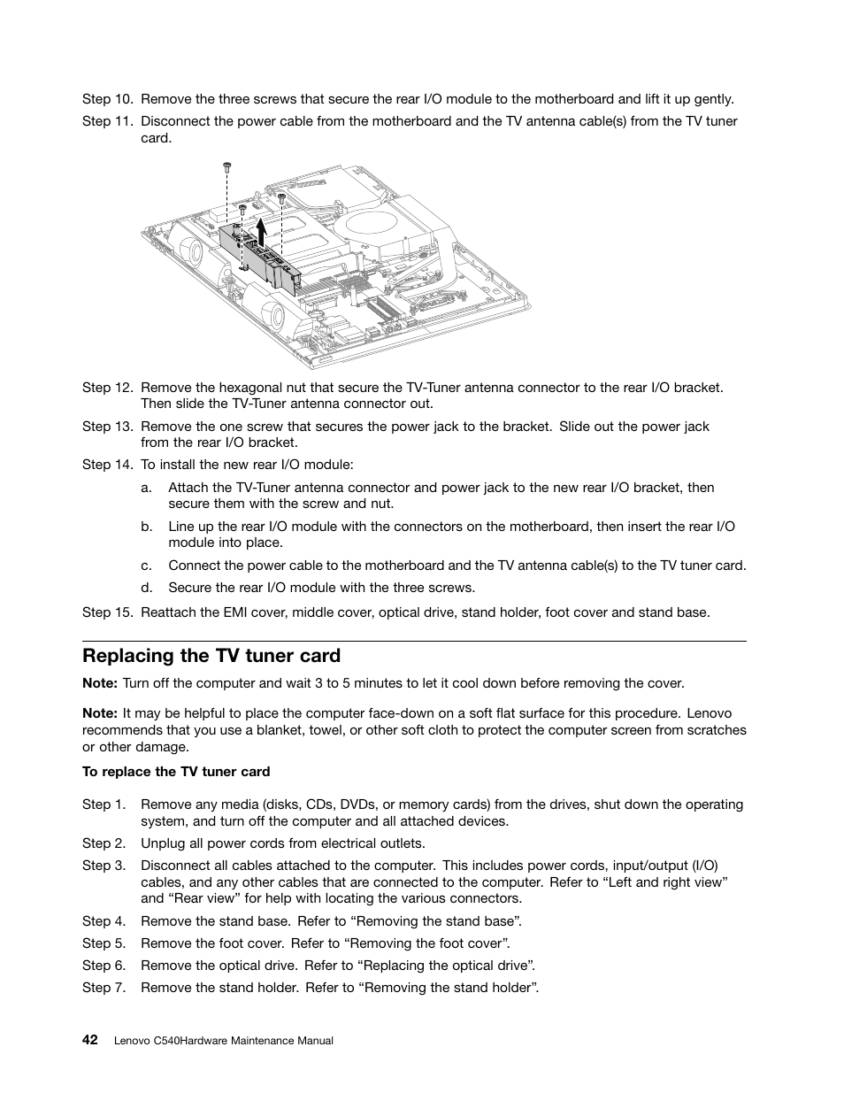 Replacing the tv tuner card | Lenovo C540 Touch All-in-One User Manual | Page 48 / 77
