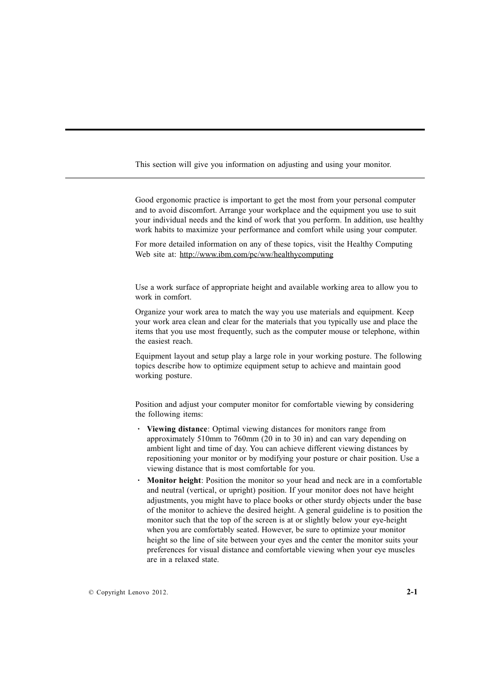 Chapter 2. adjusting and using your monitor, Comfort and accessibility, Arranging your work area | Positioning and viewing your monitor | Lenovo LS2223 Wide User Manual | Page 11 / 35
