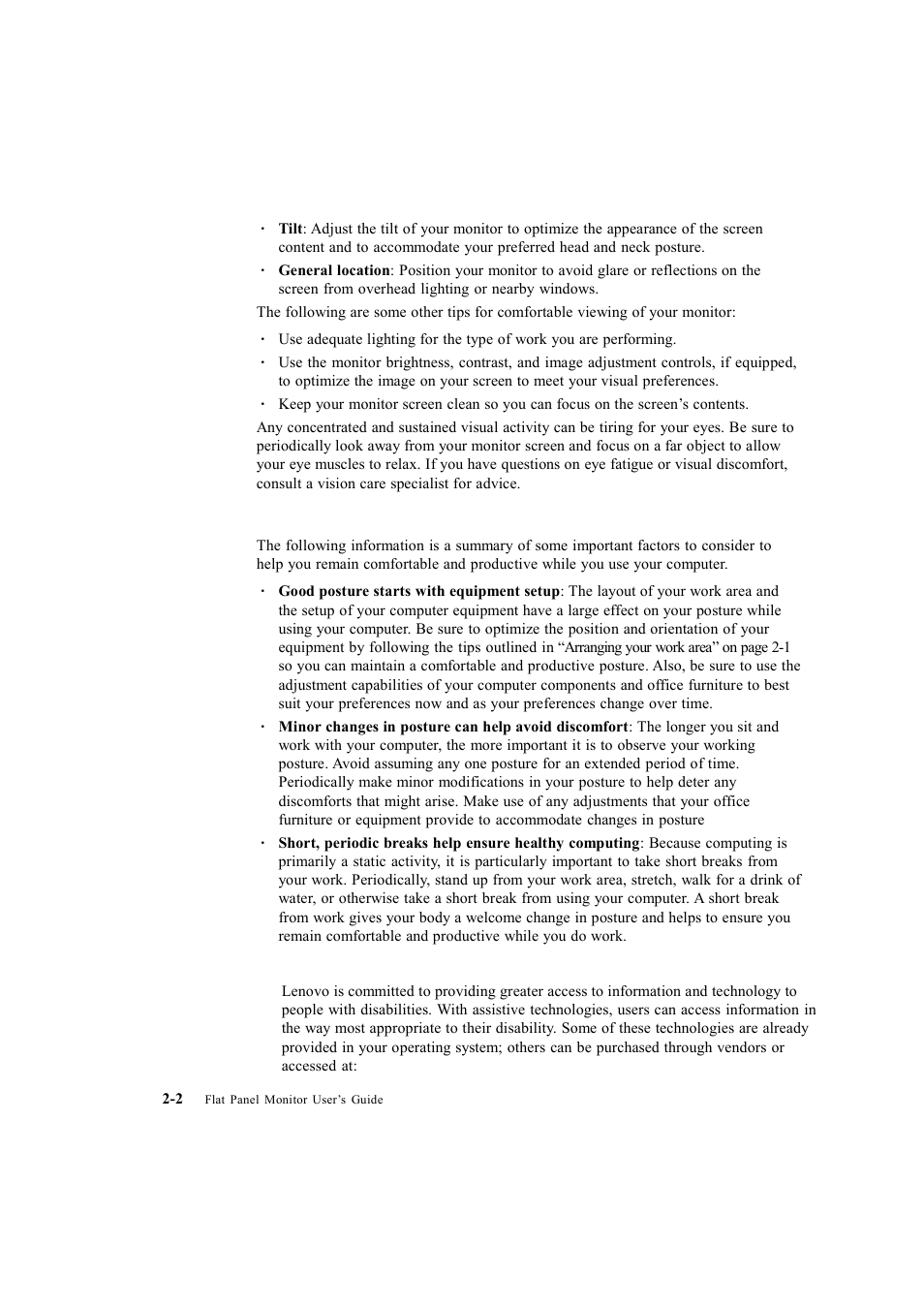 Quick tips for healthy work habits, Accessibility information | Lenovo LS2223 Wide User Manual | Page 12 / 35