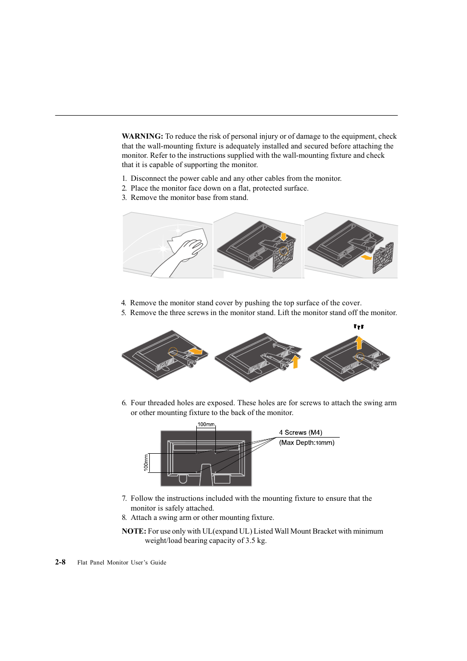 Detaching the monitor stand, Wall mounting (optional), Preparing the monitor for wall-mounting | Lenovo LS2223 Wide User Manual | Page 18 / 35