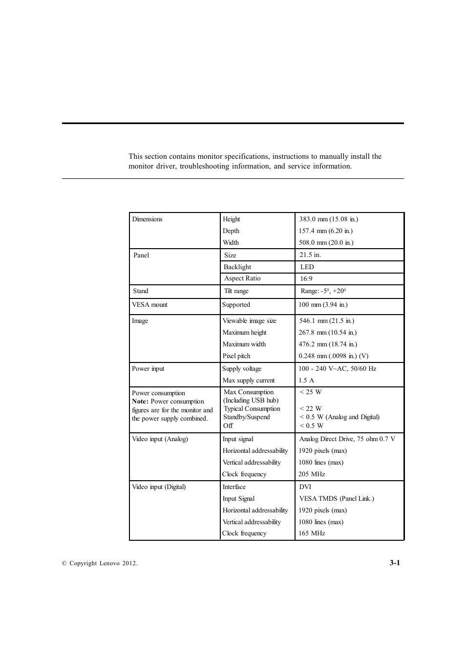 Chapter 3. reference information, Monitor specifications | Lenovo LS2223 Wide User Manual | Page 19 / 35