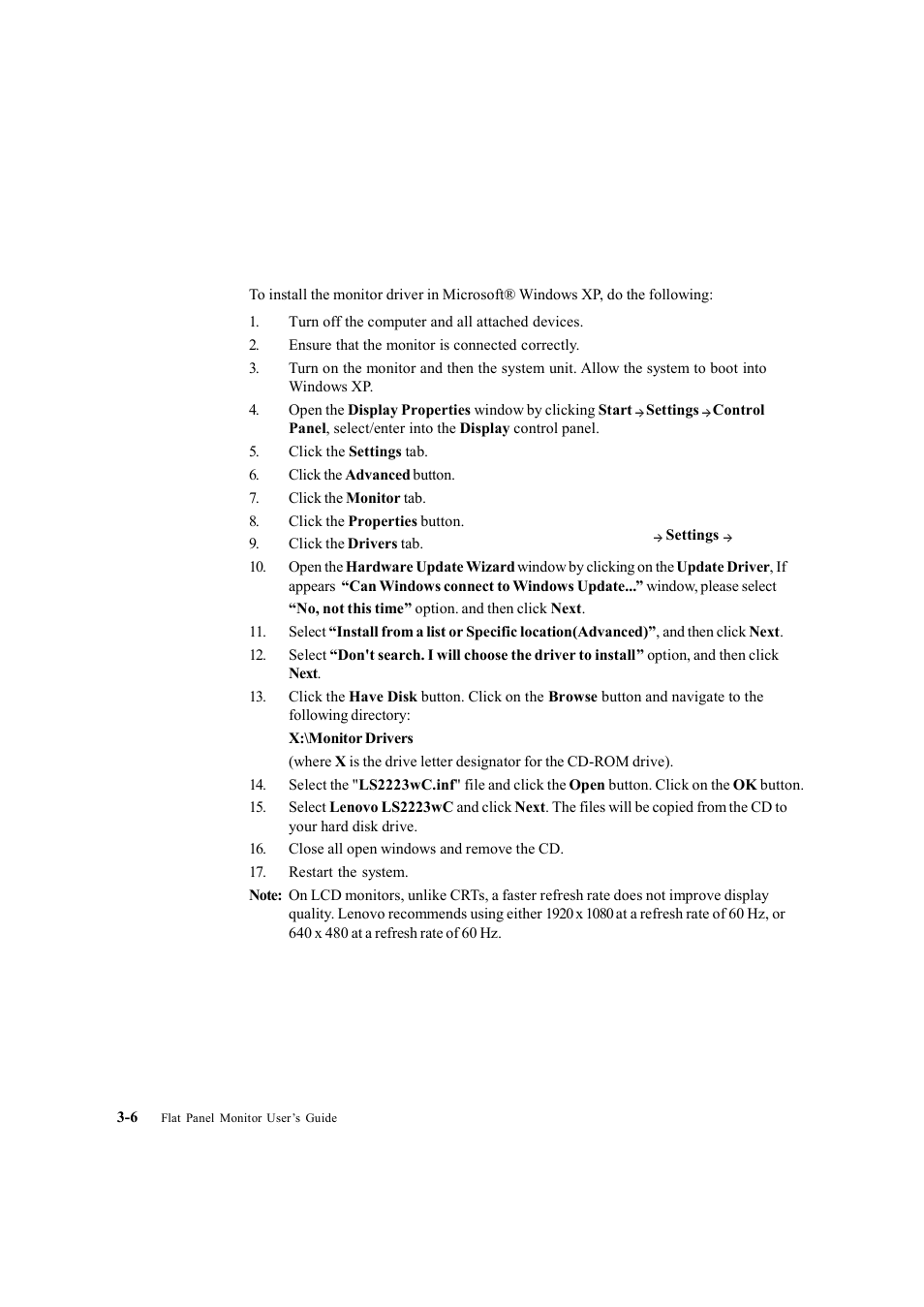 Installing the monitor driver in windows xp | Lenovo LS2223 Wide User Manual | Page 24 / 35