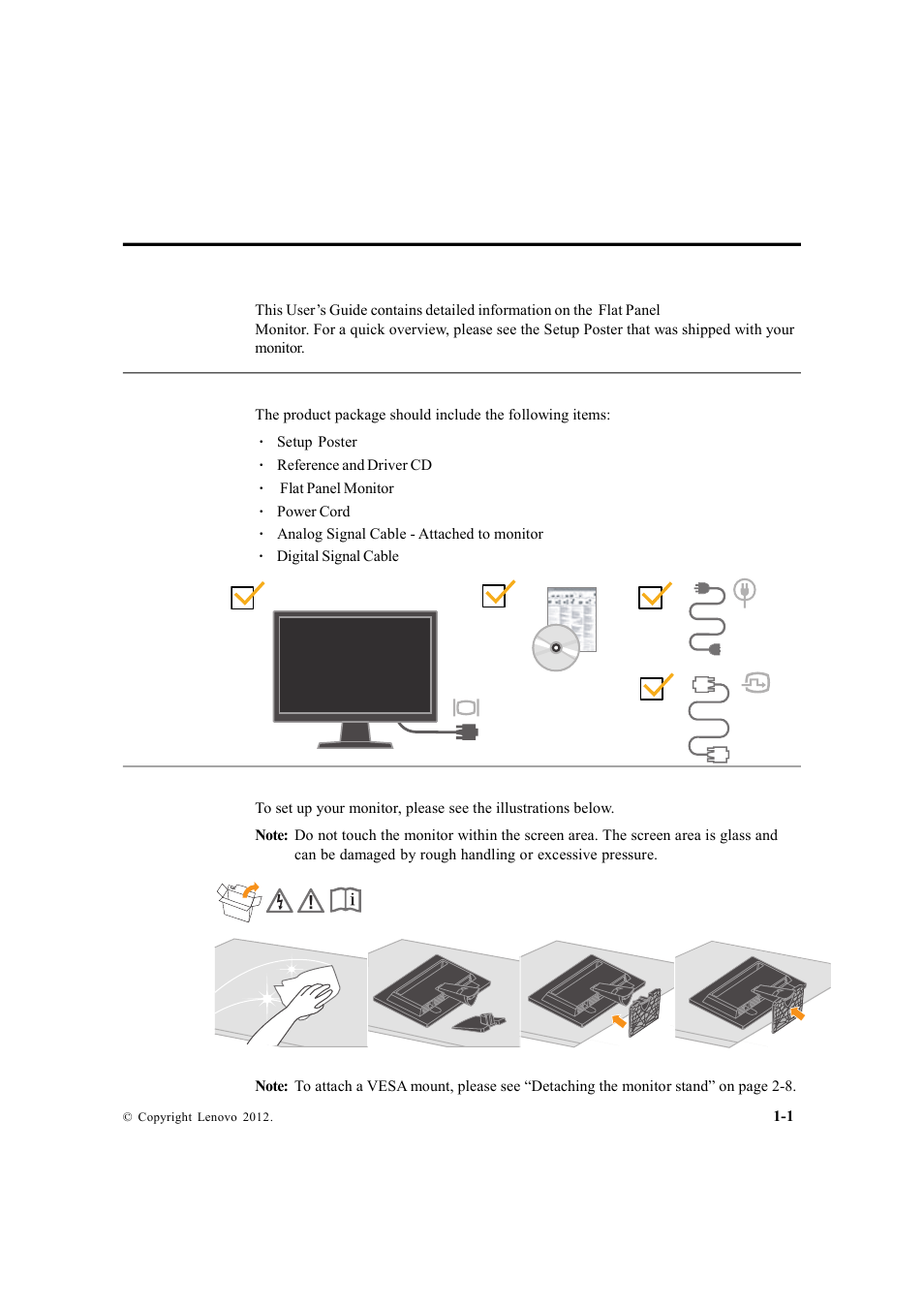 Chapter 1. getting started, Shipping contents, Attaching the base and handling your monitor | Lenovo LS2223 Wide User Manual | Page 5 / 35