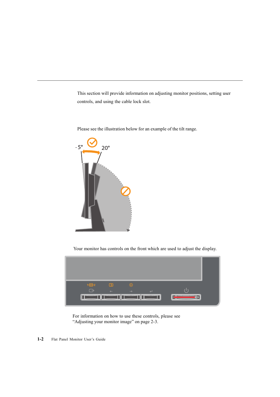 Product overview, Types of adjustments, Tilt | Height adjustment, User controls | Lenovo LS2223 Wide User Manual | Page 6 / 35