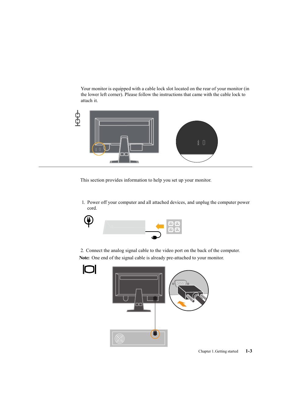 User controls, Cable lock slot, Setting up your monitor | Connecting and turning on your monitor | Lenovo LS2223 Wide User Manual | Page 7 / 35