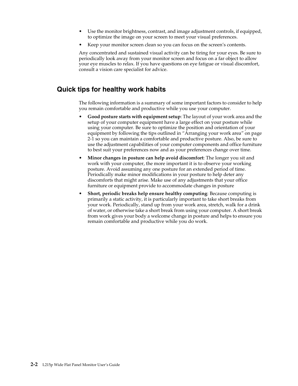 Quick tips for healthy work habits, Quick tips for healthy work habits -2 | Lenovo L215p Wide Flat Panel Monitor User Manual | Page 12 / 29