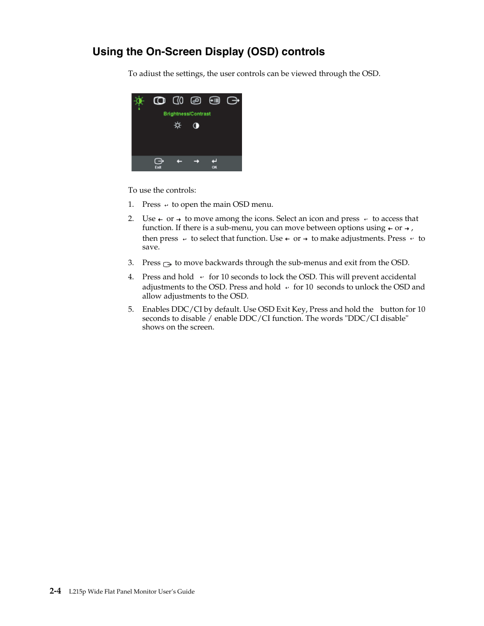 Using the on-screen display (osd) controls, Using the on-screen display (osd) controls -3, Then press | Lenovo L215p Wide Flat Panel Monitor User Manual | Page 14 / 29