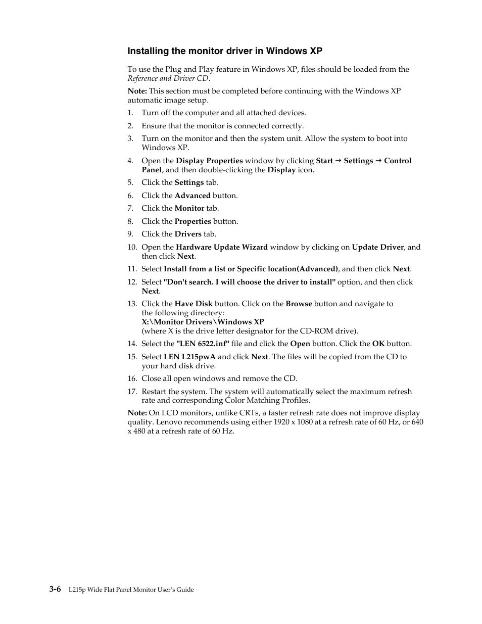 Installing the monitor driver in windows xp, Installing the monitor driver in windows xp -6 | Lenovo L215p Wide Flat Panel Monitor User Manual | Page 25 / 29