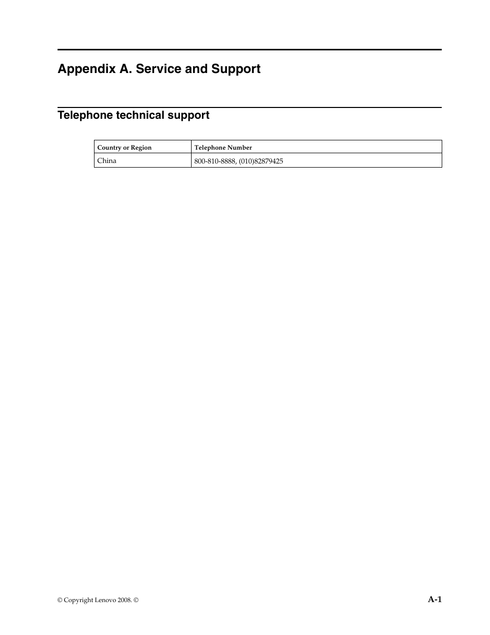 Appendix a. service and support, Appendix a, Service and | Telephone technical support | Lenovo L215p Wide Flat Panel Monitor User Manual | Page 26 / 29