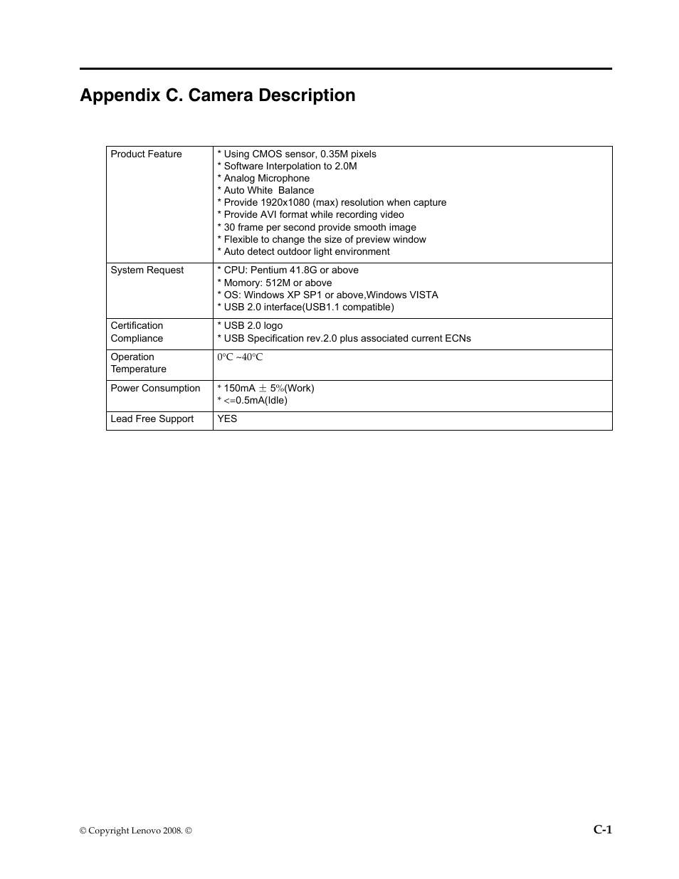 Appendix c. camera description, Using cmos sensor, 0.35m pixels, Software interpolation to 2.0m | Analog microphone, Auto white balance, Provide 1920x1080 (max) resolution when capture, Provide avi format while recording video, 30 frame per second provide smooht image, Flexible to change the size of preview window, Auto detect outdoor light environment | Lenovo L215p Wide Flat Panel Monitor User Manual | Page 28 / 29