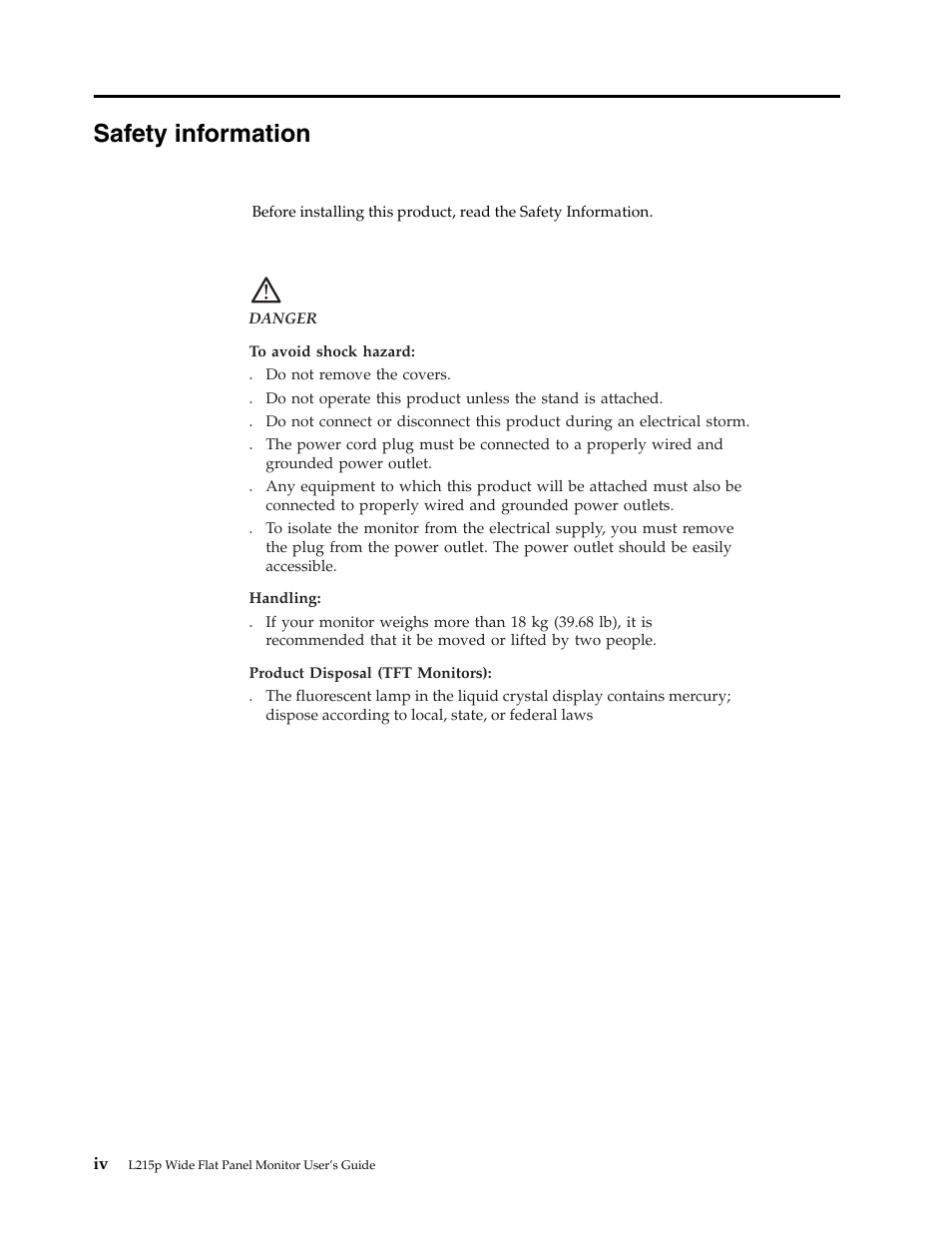 Safety information | Lenovo L215p Wide Flat Panel Monitor User Manual | Page 4 / 29