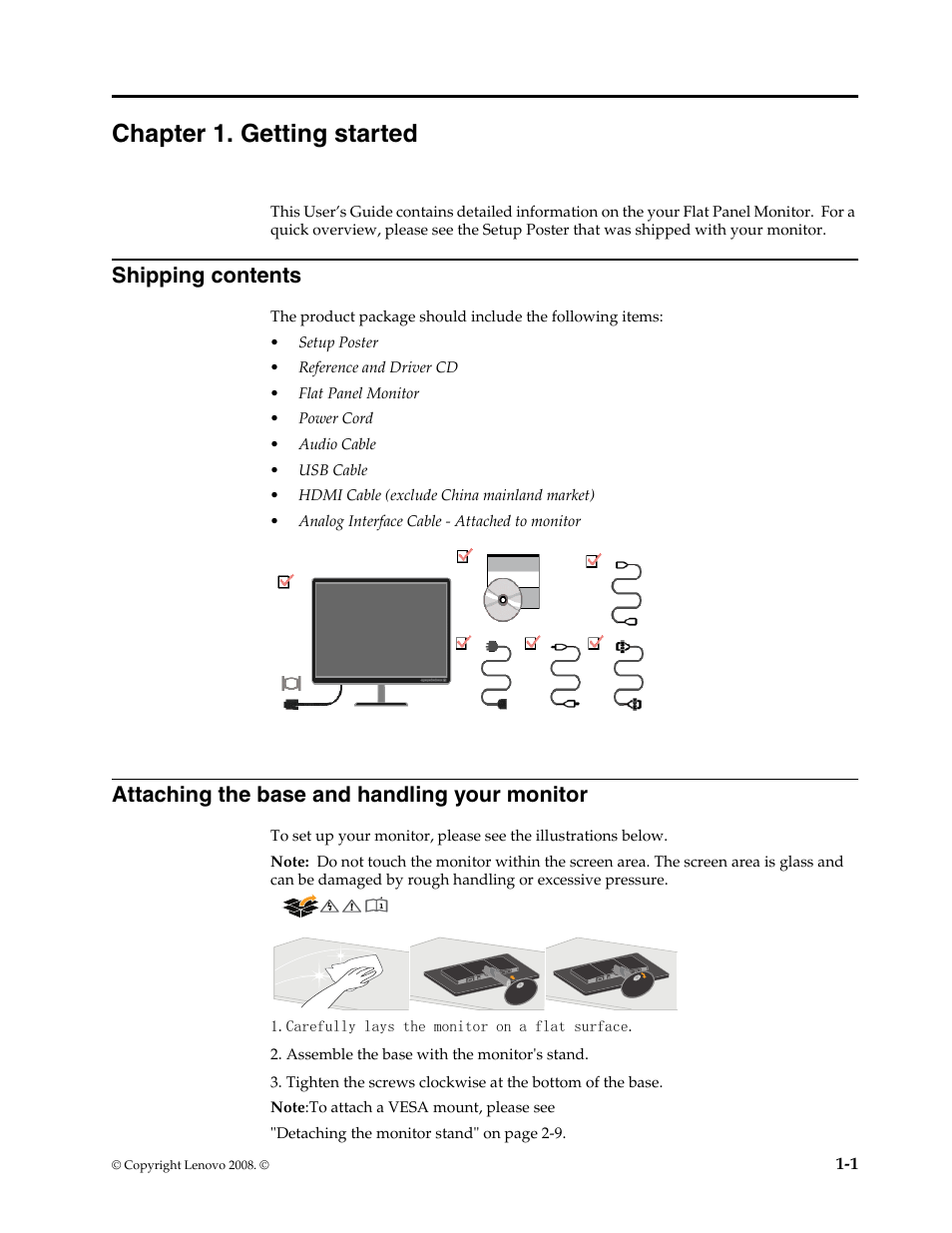 Chapter 1. getting started, Shipping contents, Attaching the base and handling your monitor | Ted -1, Shipping contents -1, Attaching the base and handling your monitor -1 | Lenovo L215p Wide Flat Panel Monitor User Manual | Page 5 / 29