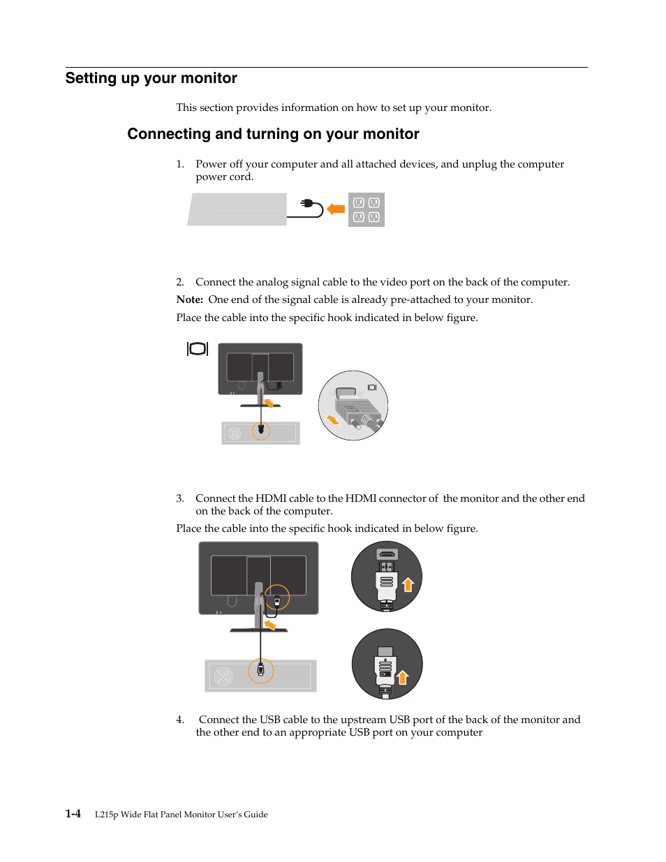 Setting up your monitor, Connecting and turning on your monitor, Setting up your monitor -4 | Connecting and turning on your monitor -4 | Lenovo L215p Wide Flat Panel Monitor User Manual | Page 8 / 29