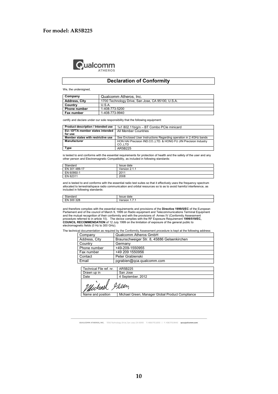 For model: ar5b225, Declaration of conformity | Lenovo IdeaPad Z410 Notebook User Manual | Page 10 / 11