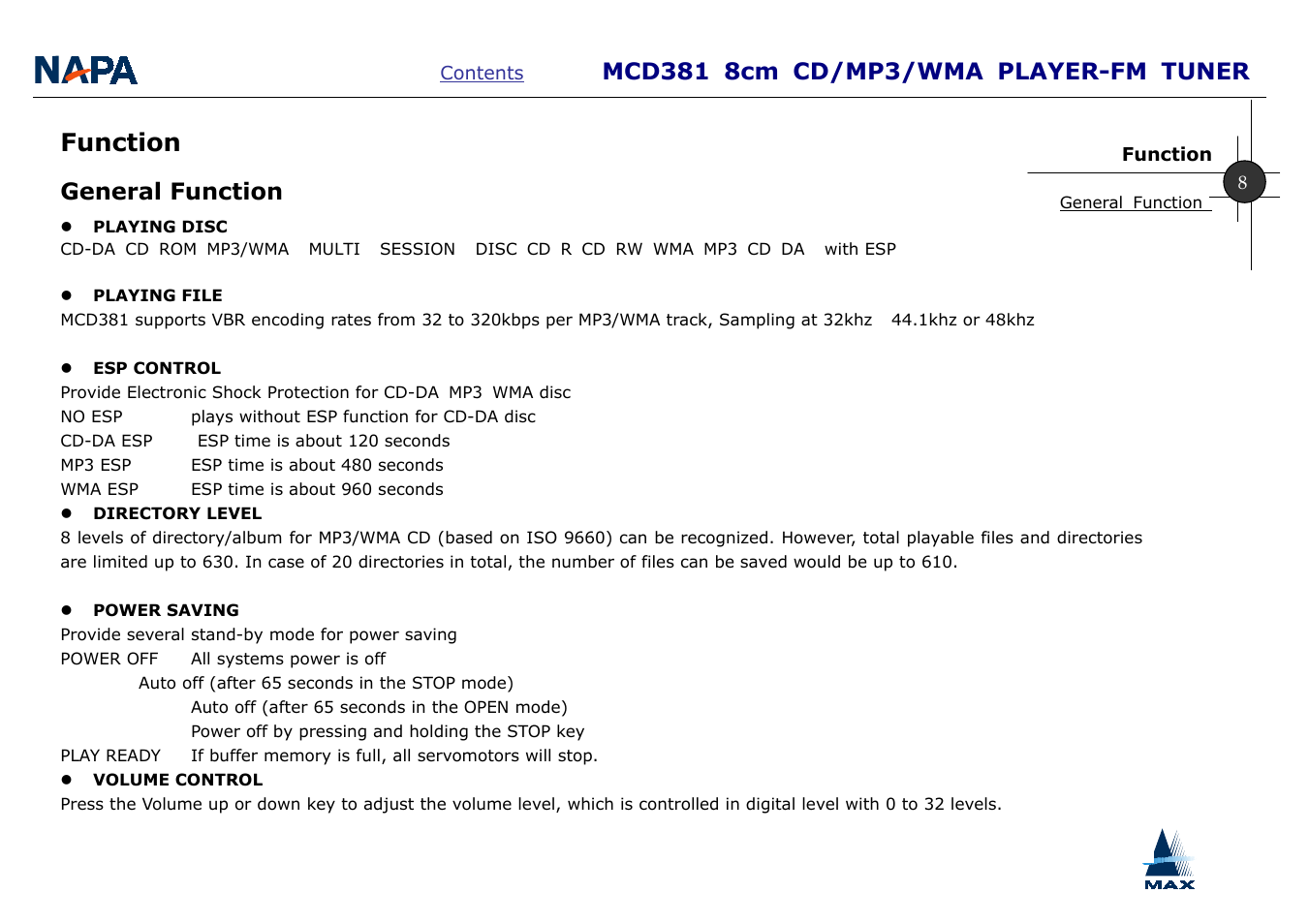 Function, General function | A-MAX Technology MCD381 User Manual | Page 10 / 22