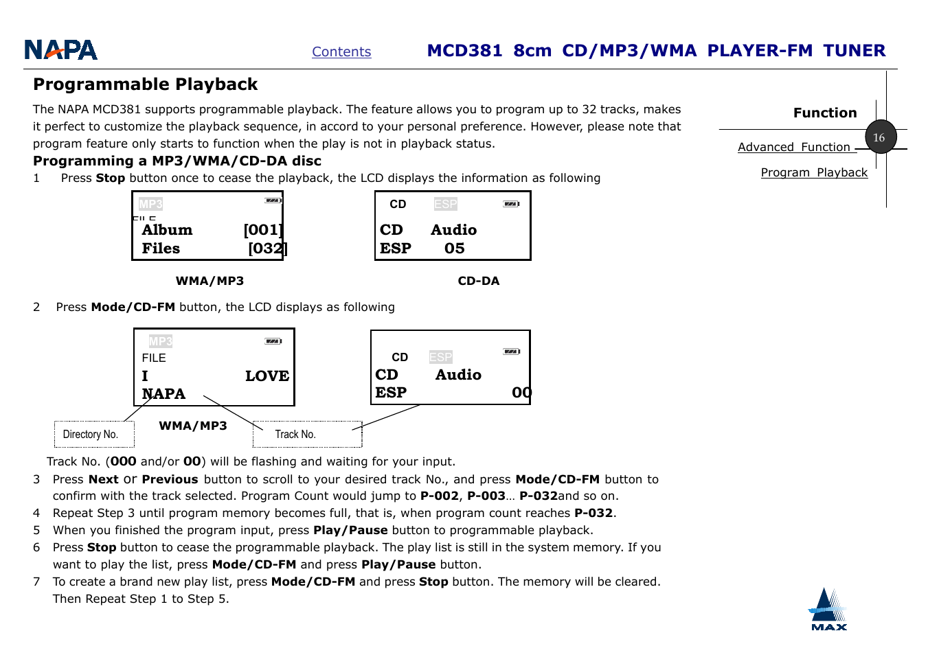 Programmable playback, Cd audio esp 05, I love napa | Cd audio esp 00 | A-MAX Technology MCD381 User Manual | Page 18 / 22