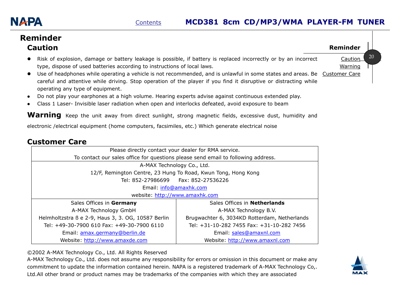 Reminder, Caution, Warning | Customer care | A-MAX Technology MCD381 User Manual | Page 22 / 22